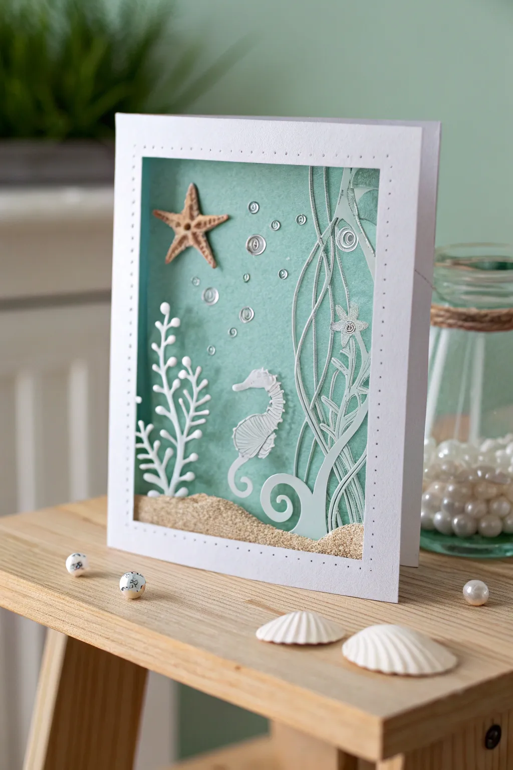 Capture the ocean's tranquility with this exquisite shaker card, a perfect blend of minimalism and boho charm.