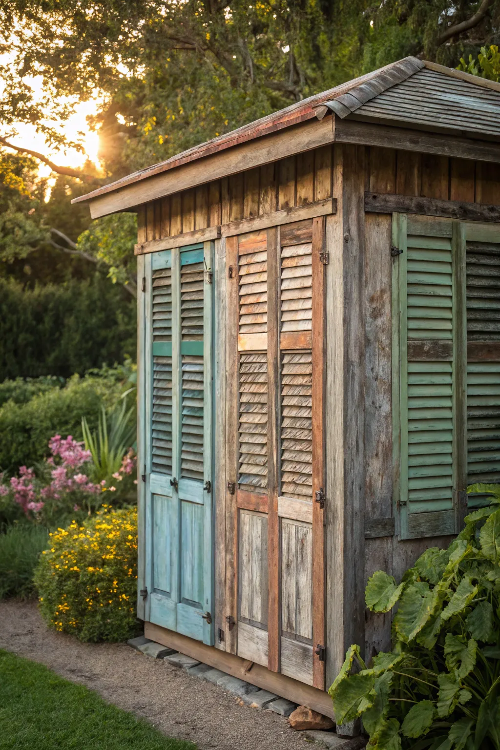Transform your shed with vintage charm using reclaimed shutter skirting.