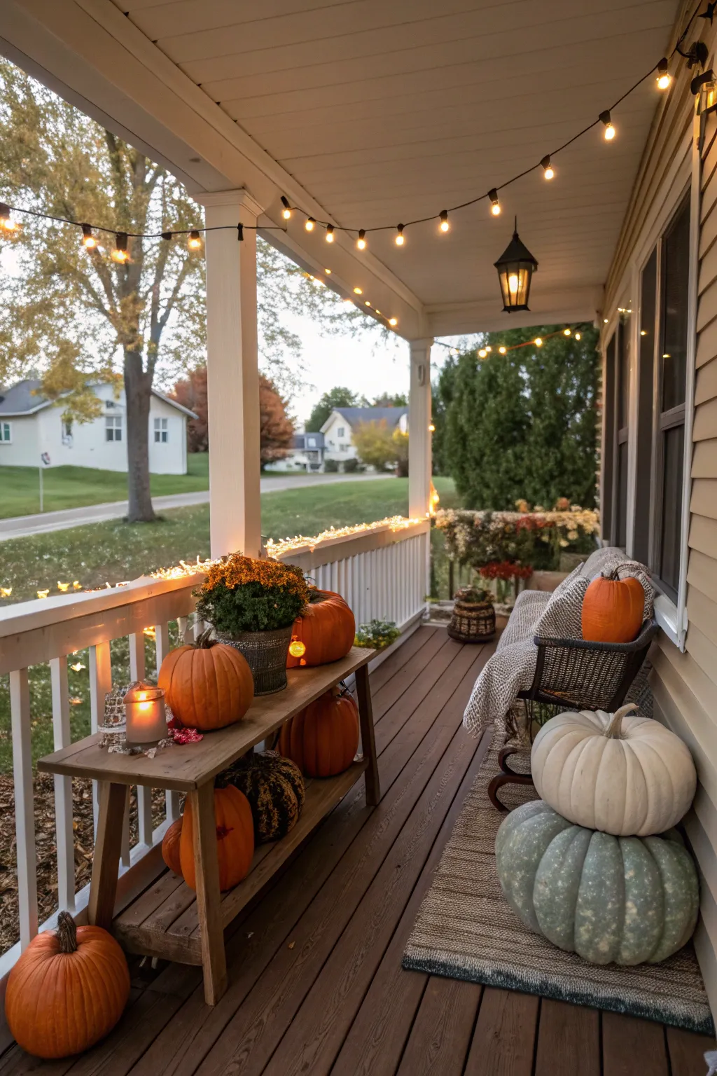 Seasonal decorations keep the porch inviting year-round.