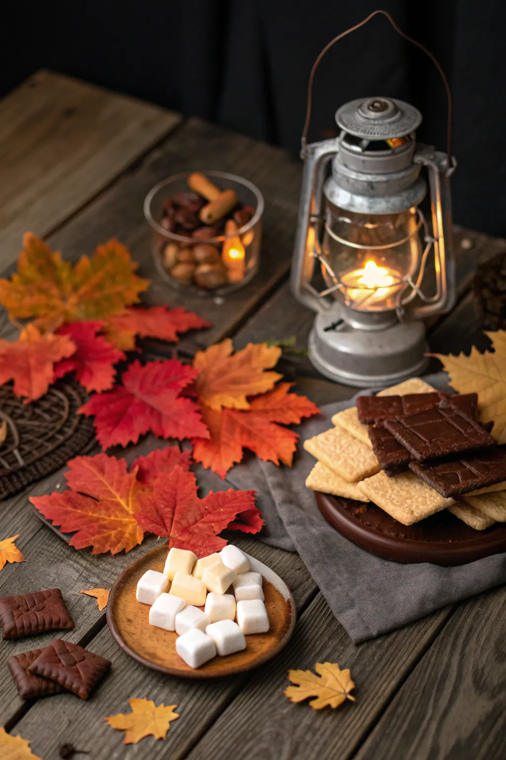 Elevate your s'mores station with charming seasonal elements for that perfect autumn vibe.