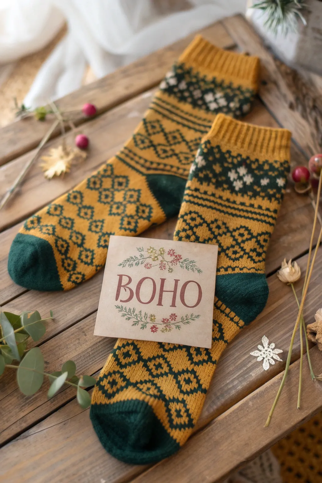 Add a personal touch to your gift with cozy socks and a handmade card, perfect for those who cherish simplicity and natural beauty.