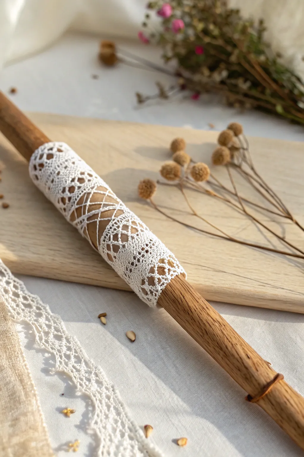Embrace timeless elegance with this lace-adorned spirit stick, perfect for adding a sophisticated touch to any gathering.