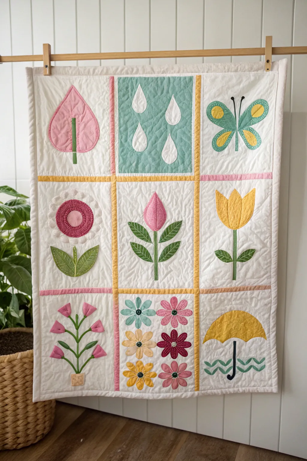 Celebrate spring with this stunning wall hanging quilt, where artistry meets nature's beauty.