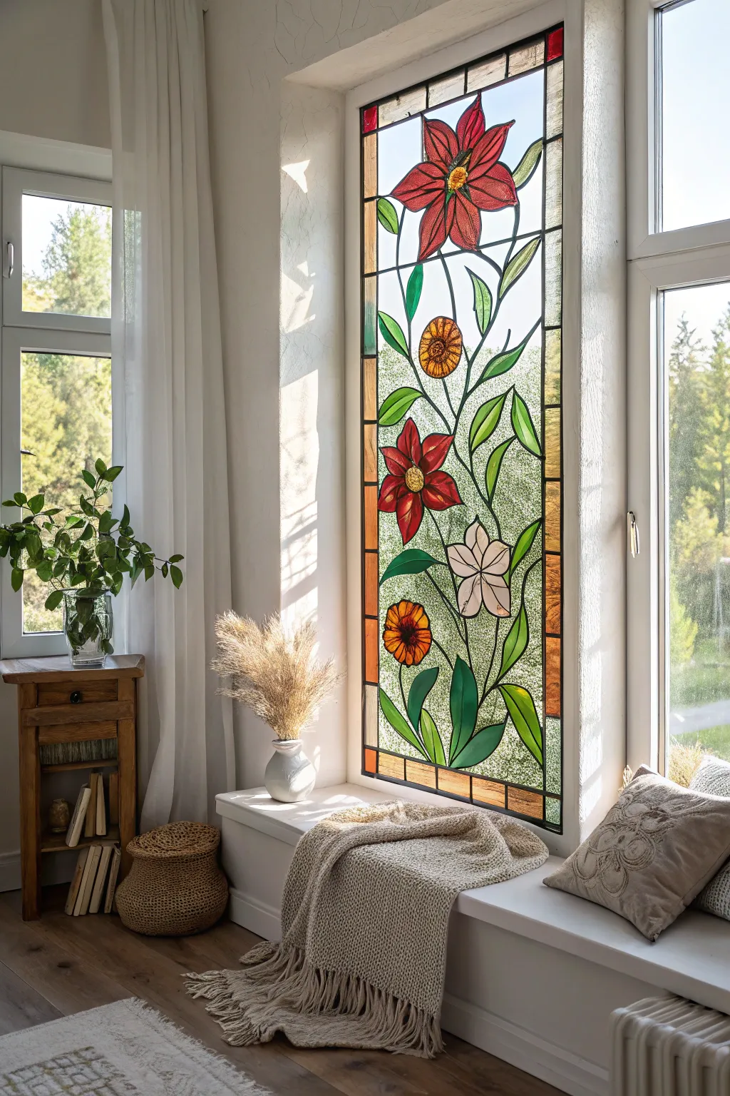 Bring nature indoors with a stunning stained glass garden, where sunlight dances through vibrant colors.