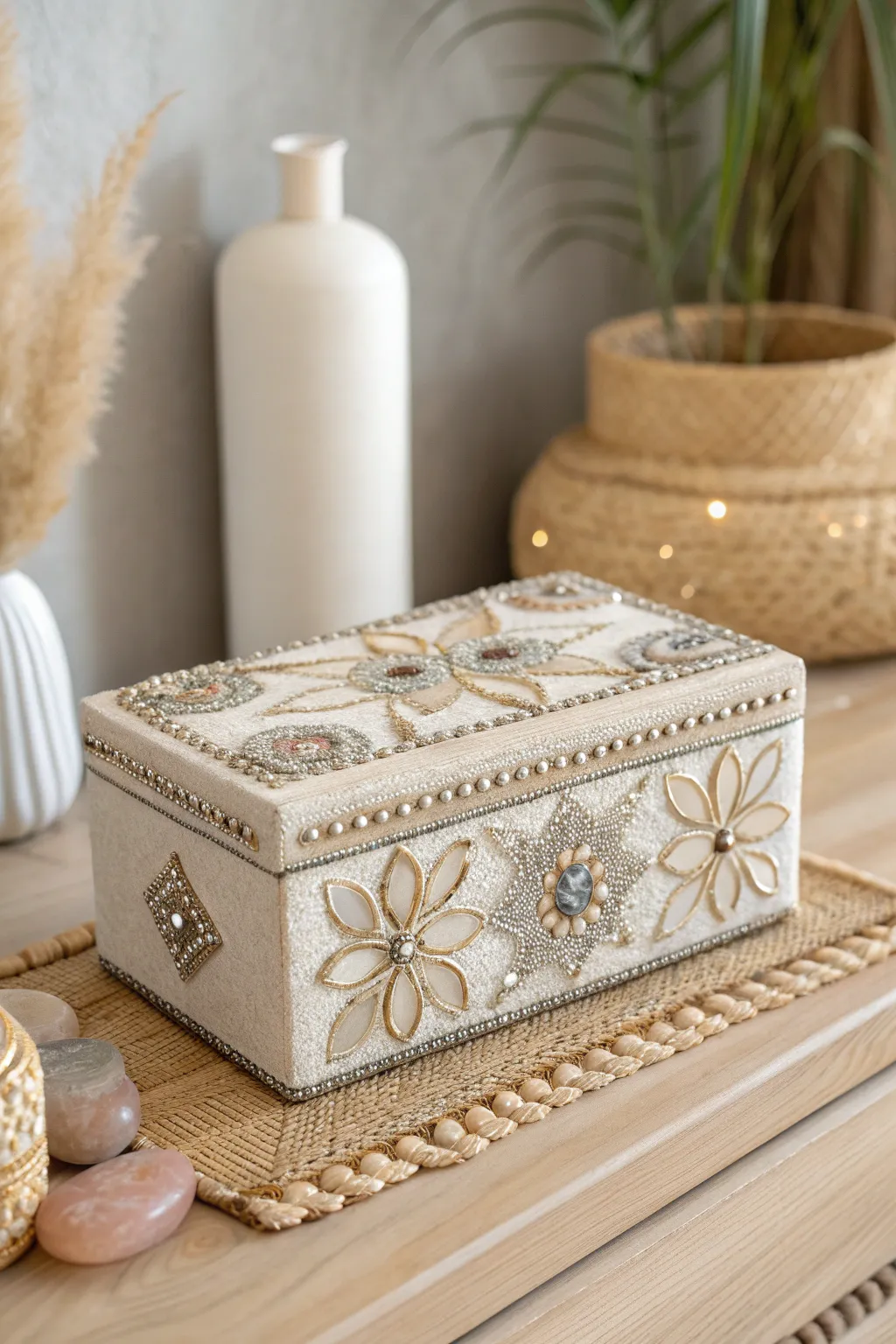 Add a touch of sparkle to your space with glamorous bead and rhinestone storage boxes.
