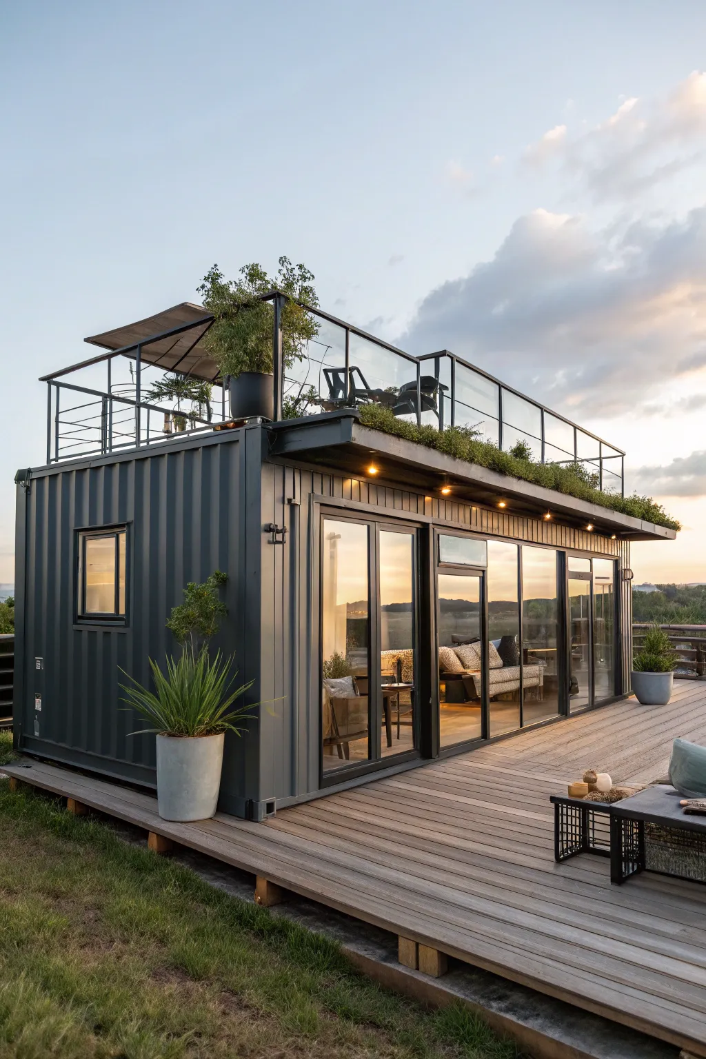 A shipping container home featuring an inviting rooftop deck.