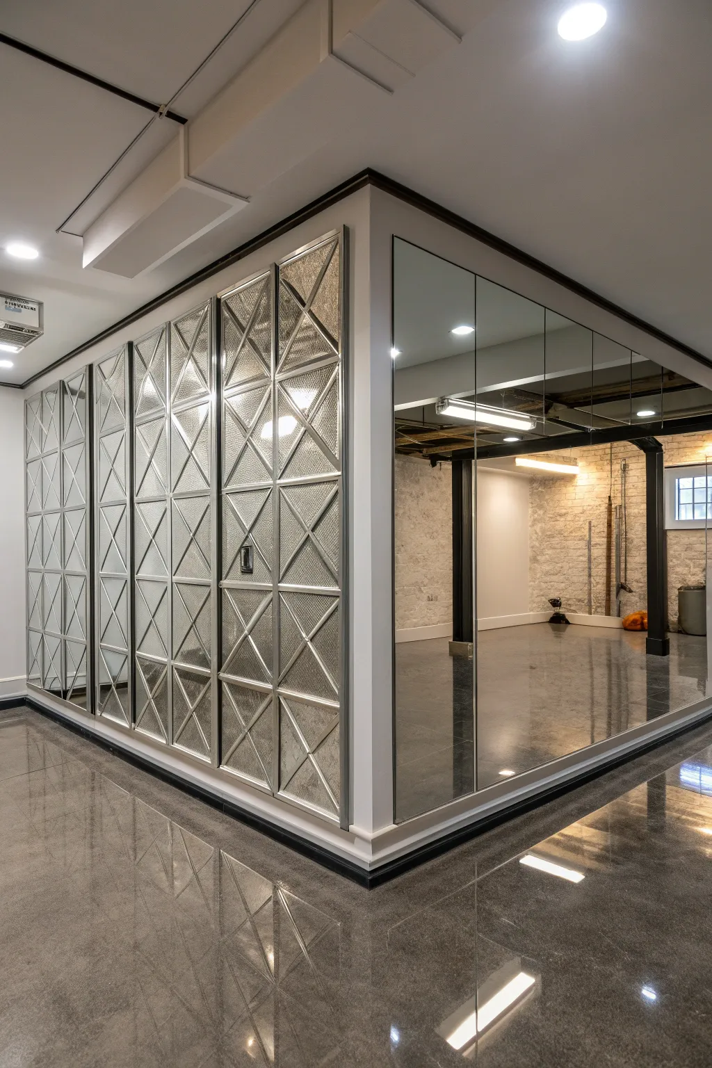 Transform your basement with mirrored panels for a bright and sophisticated touch.