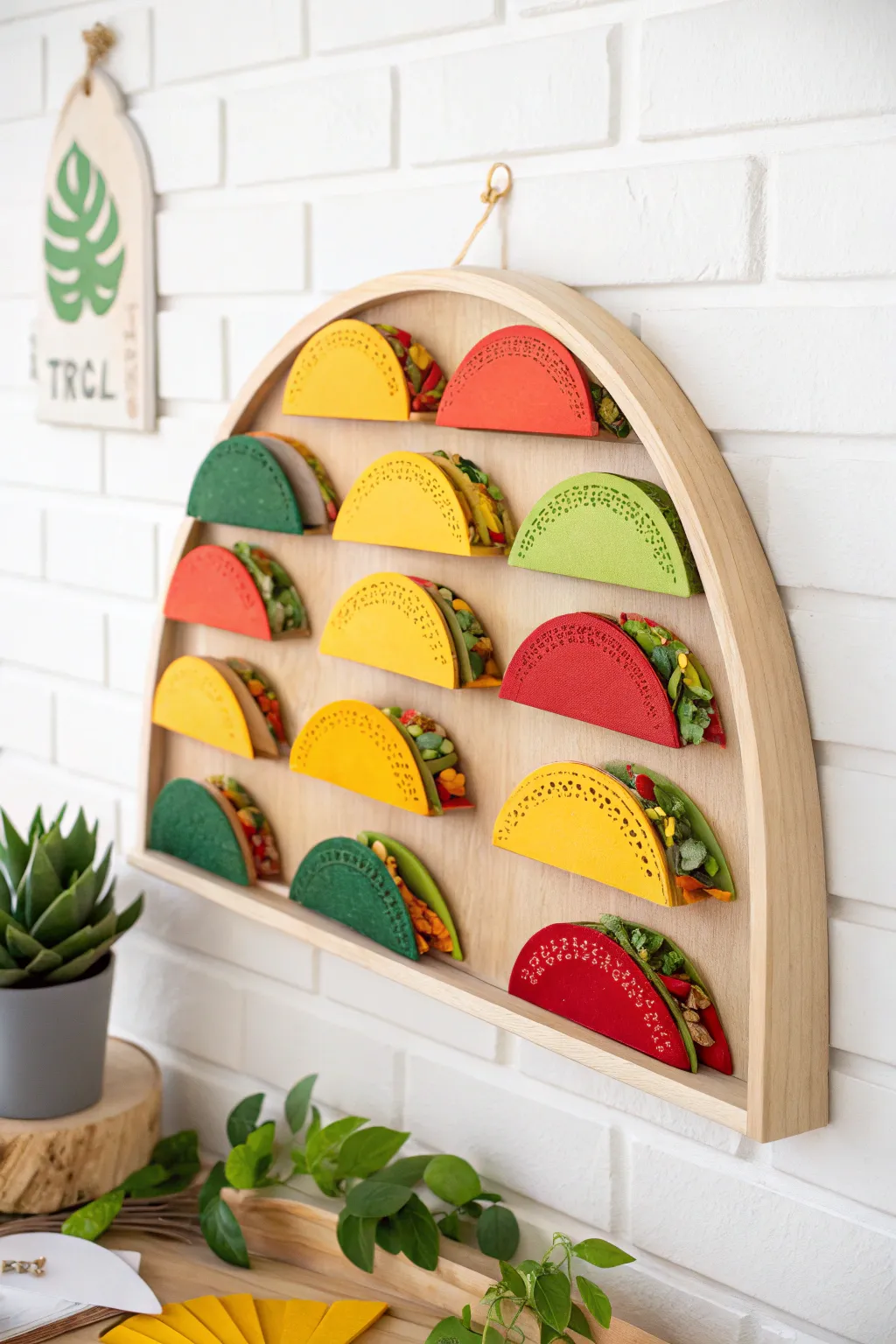 Elevate your space with a taco art gallery that blends minimalist design with bold, Boho-inspired colors.