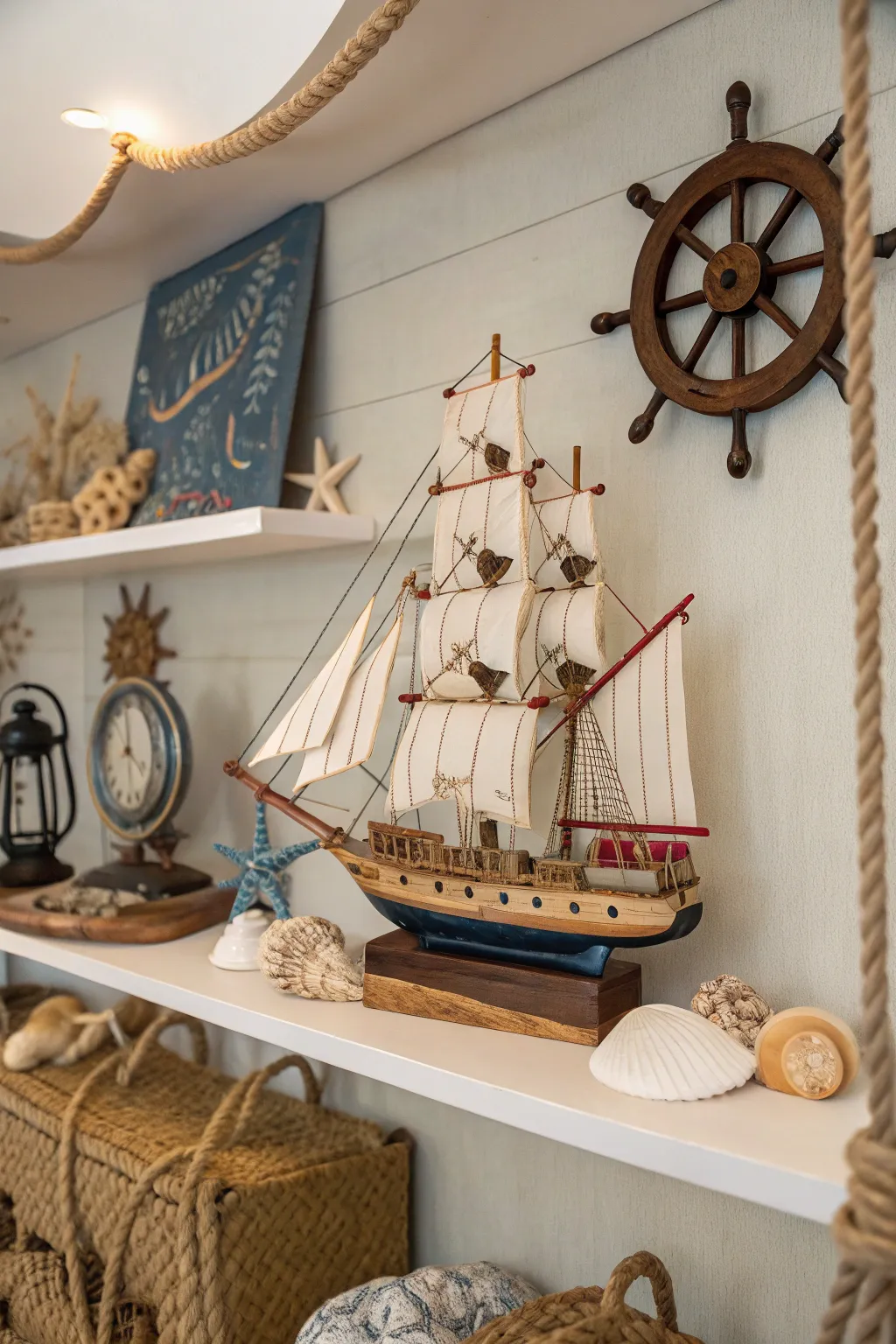 Miniature model ships for a nautical decor touch.