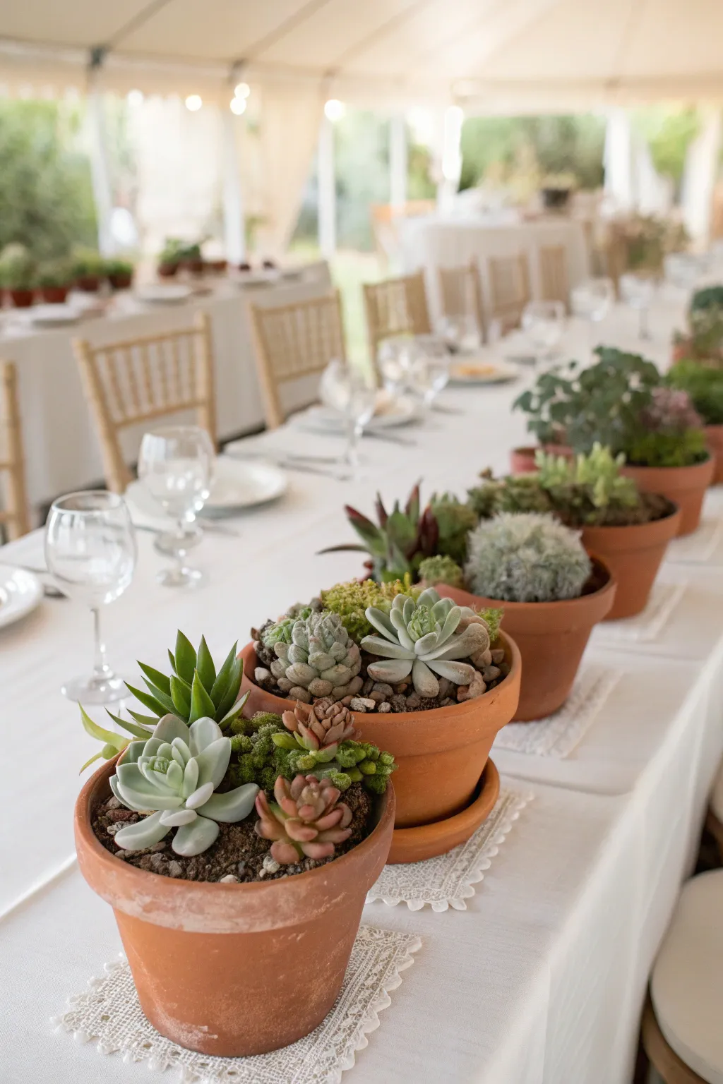 Terracotta pots with succulents offer a simple and natural centerpiece.