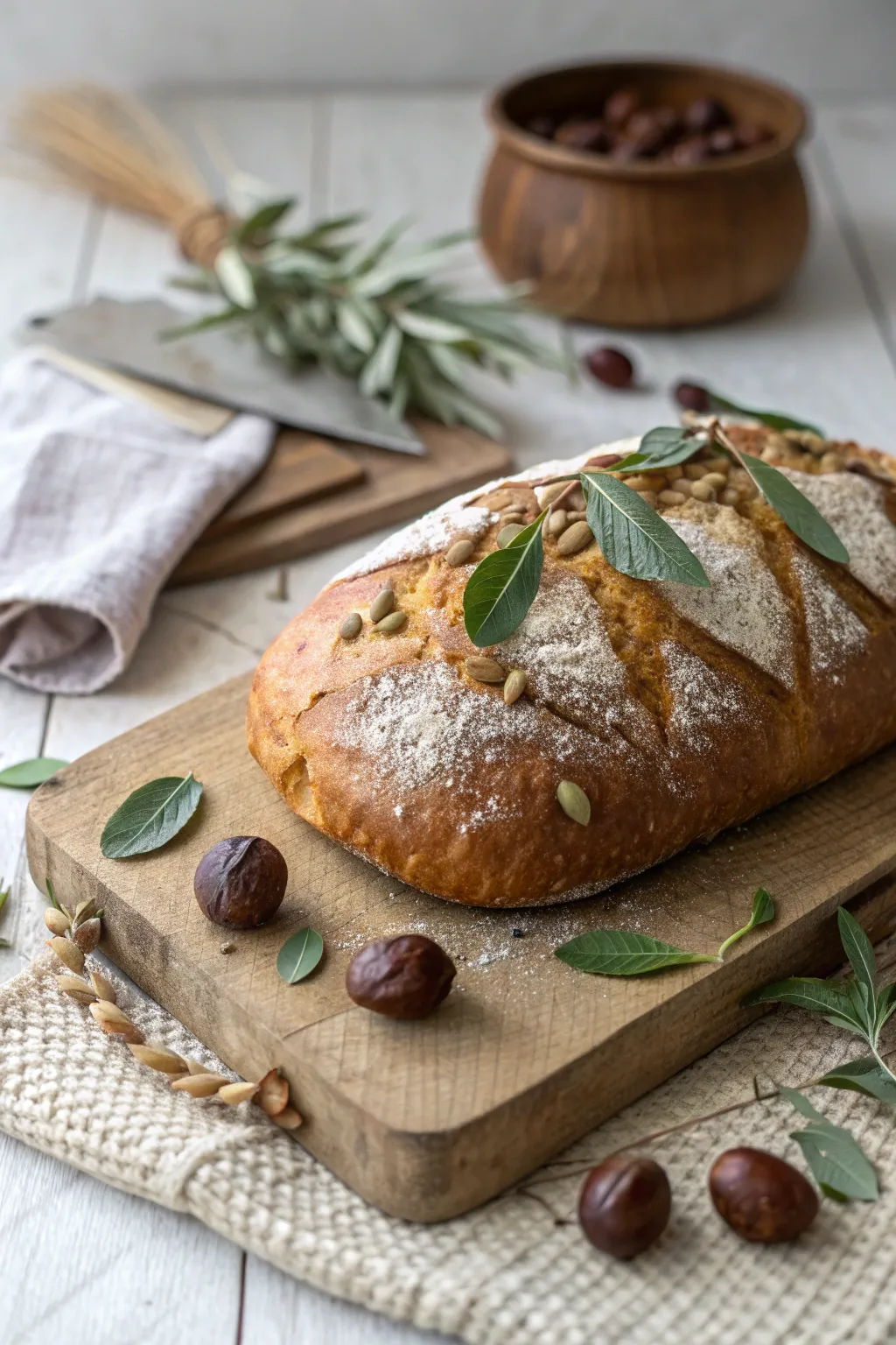 Savor the essence of fall with this artisanal Chestnut and Sage Bread, a perfect blend of rustic beauty and bold flavors.