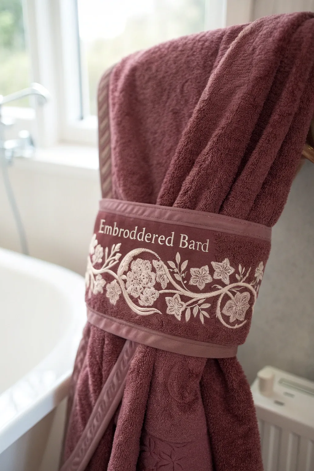 Elevate your bathroom decor with a personalized touch: an embroidered band that blends minimalist elegance with bold, handcrafted beauty.