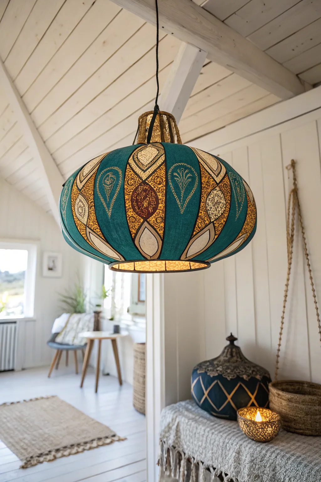 Transform your space with a touch of creativity: A repurposed lampshade pendant light that blends Scandinavian minimalism with Boho charm.