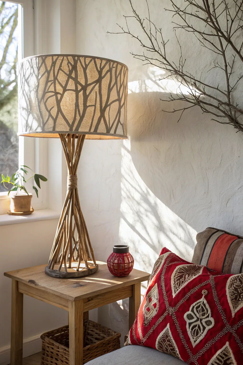 Illuminate your space with the magic of nature: a twig lampshade that brings dappled sunlight indoors.