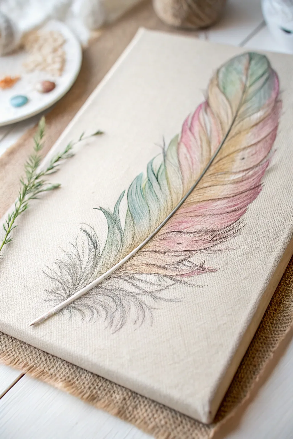 Embrace the beauty of mixed media with this unique feather artwork, where simplicity meets creativity.