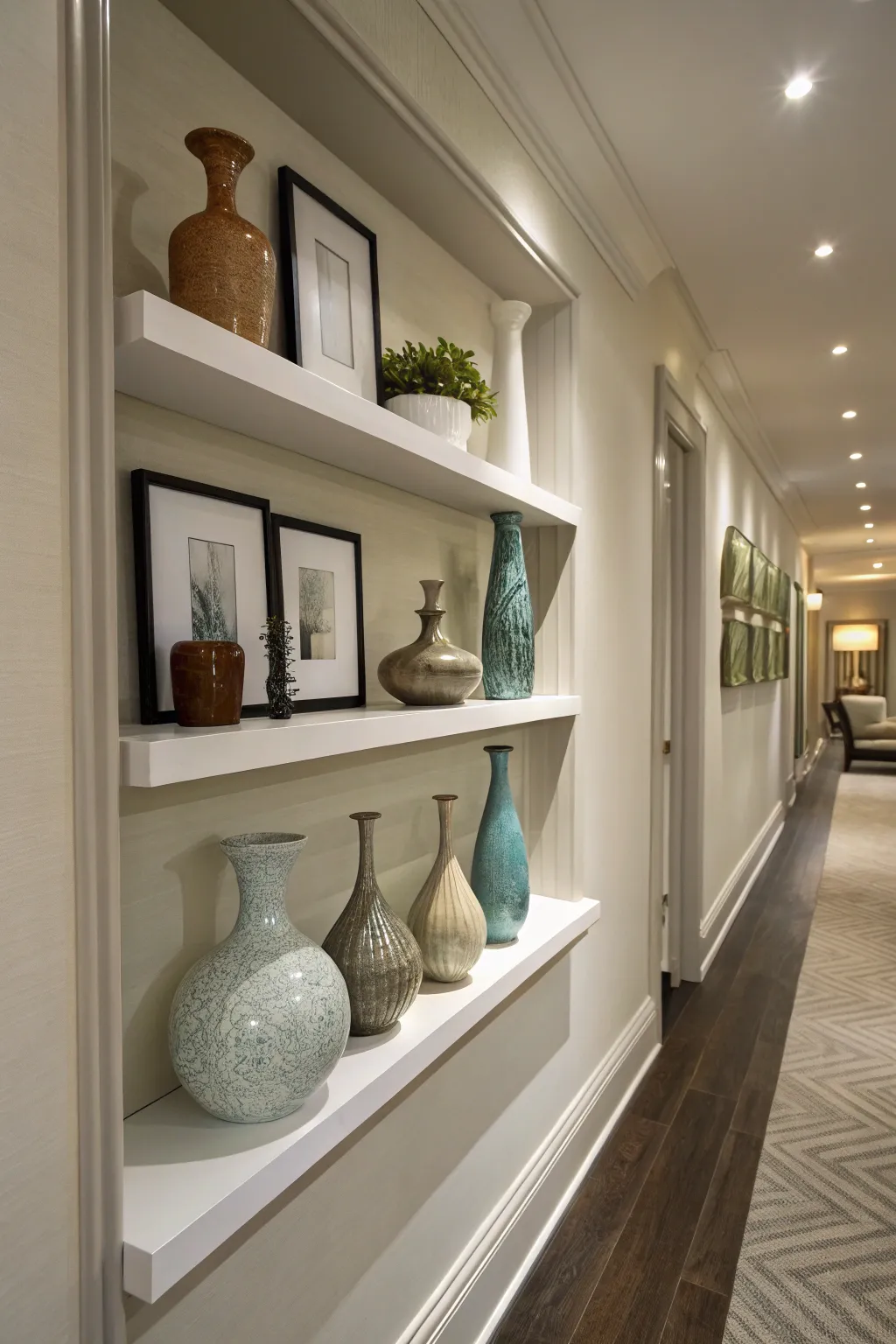 Floating shelves in unexpected places showcase a curated selection of vases.