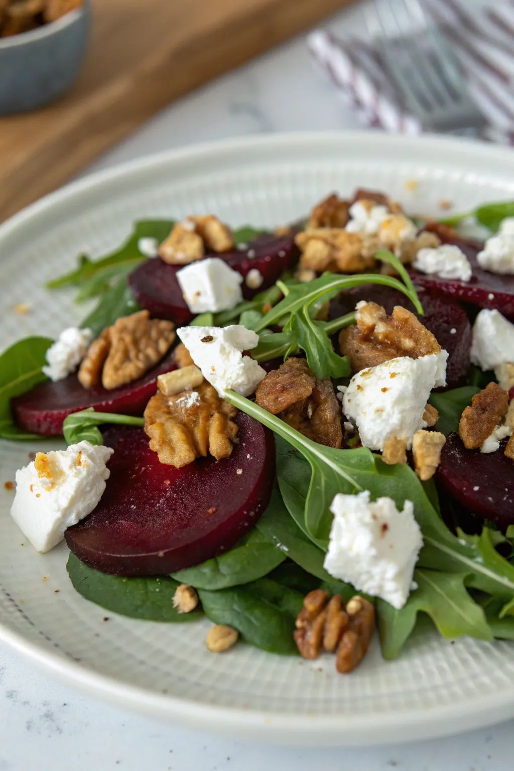A flavorful and beautiful beet and goat cheese salad.