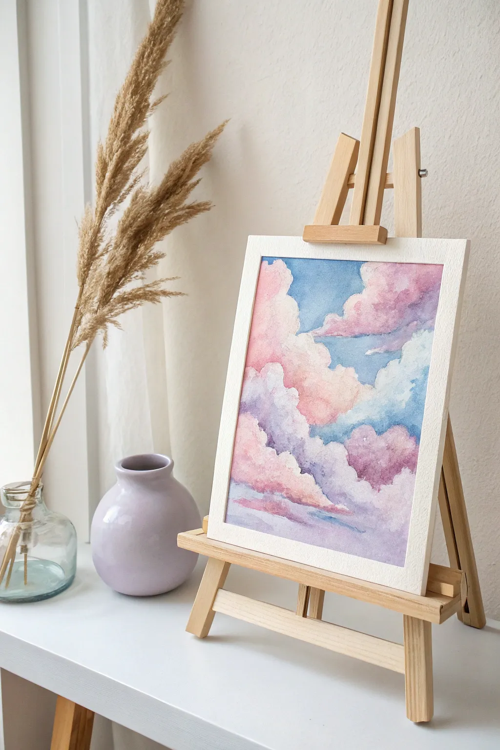 Capture the serenity of the sky with dreamy watercolor cloudscapes, blending Scandinavian simplicity with a Boho touch.