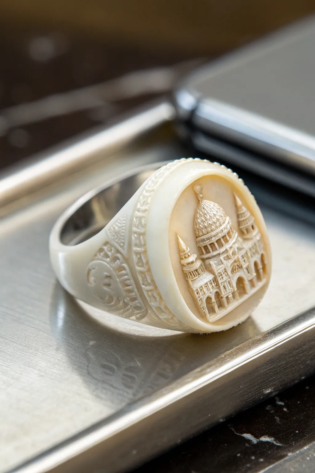 Architectural designs bring structure to this wax ring.