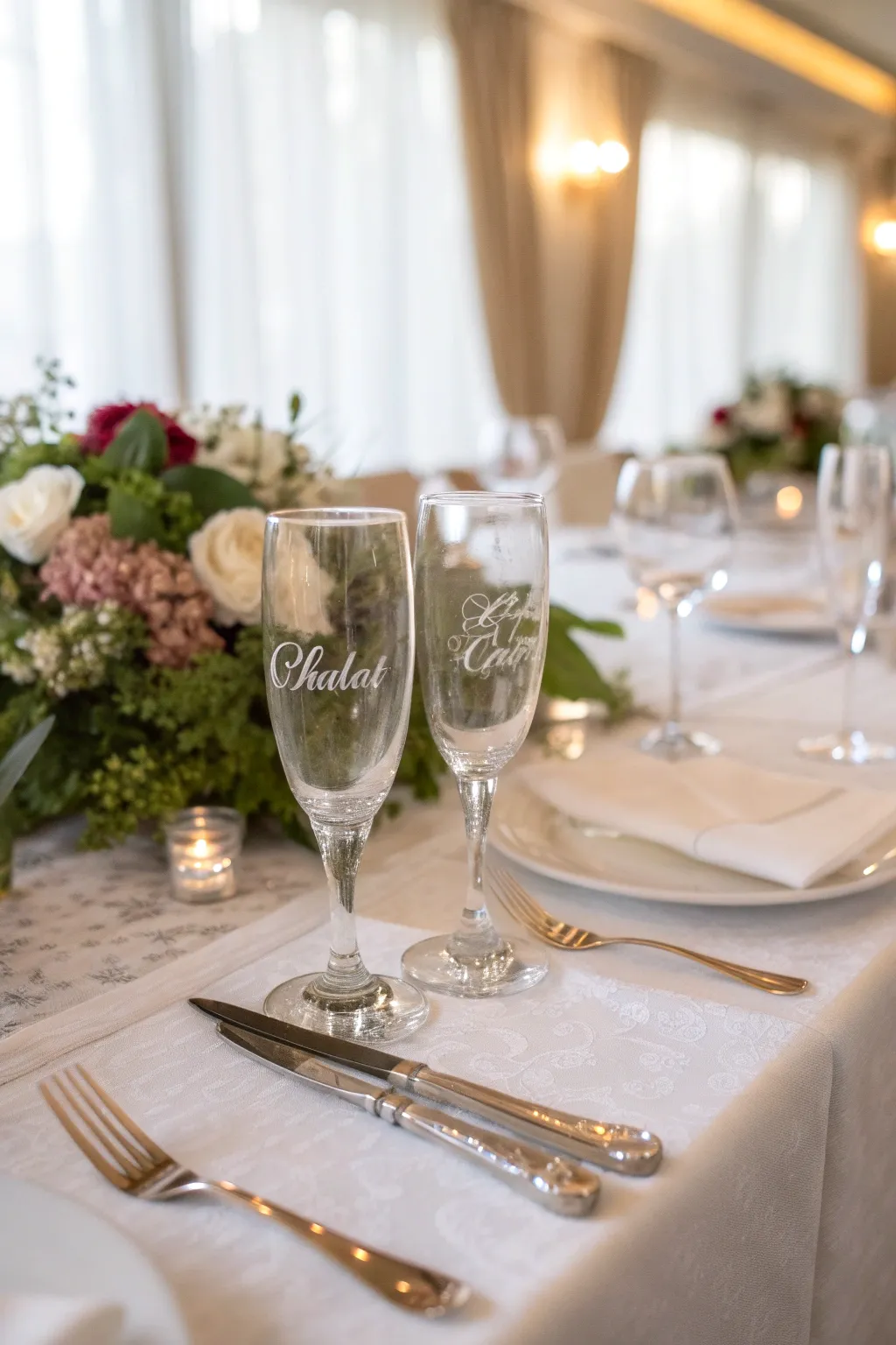 Personalized glassware makes a stylish and functional name tag alternative.