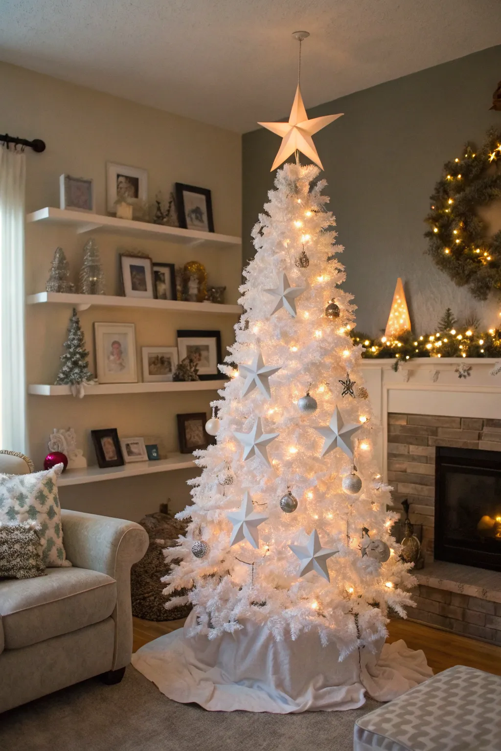 White felt stars provide a cozy, handmade touch to this tree.