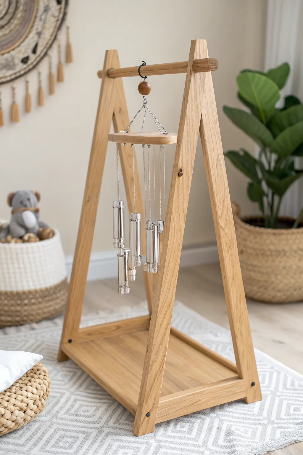 Elevate your space with a minimalist A-frame wind chime stand, where craftsmanship meets natural beauty.