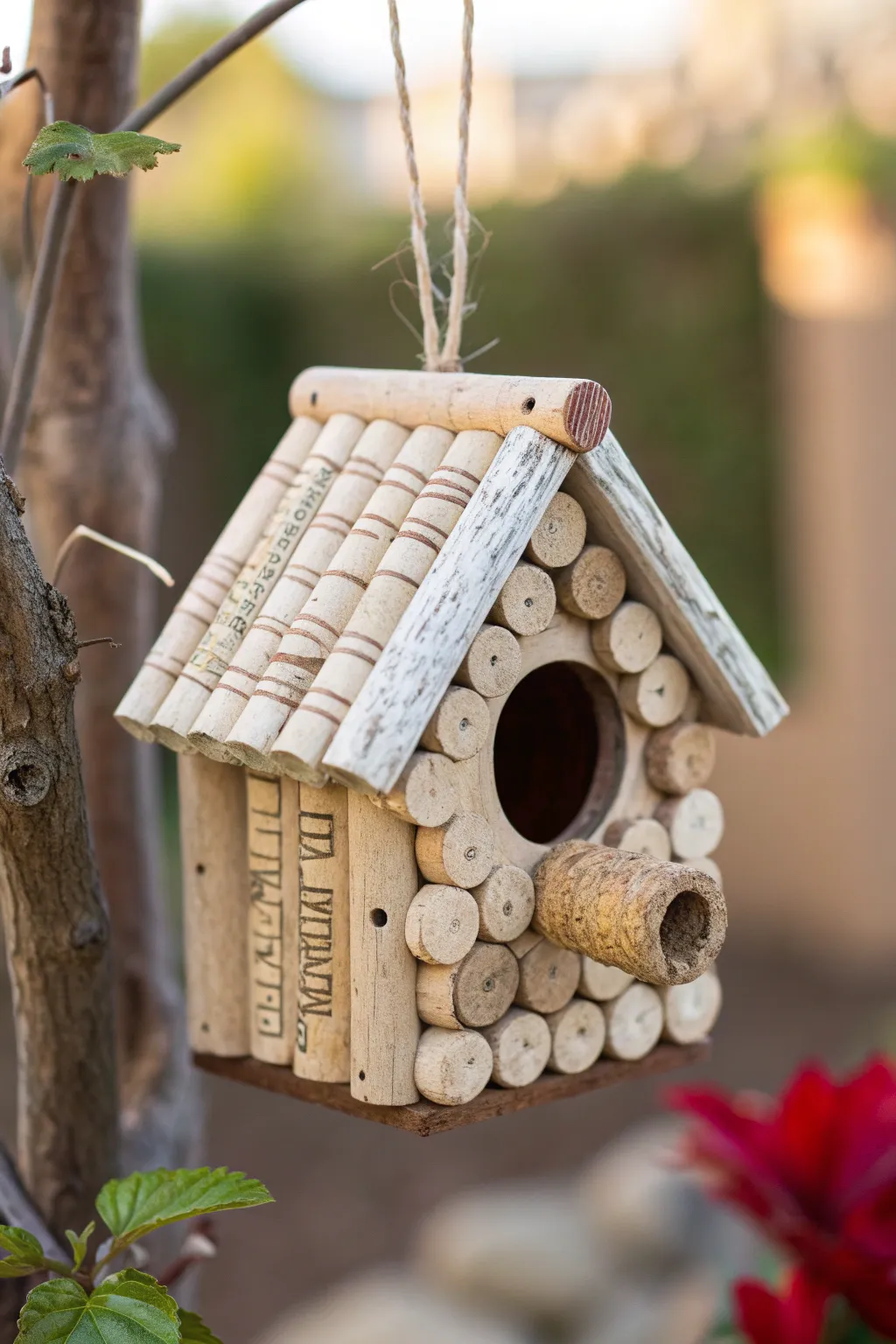 Whimsical elegance in upcycled corks: a charming birdhouse ornament that tells a story.