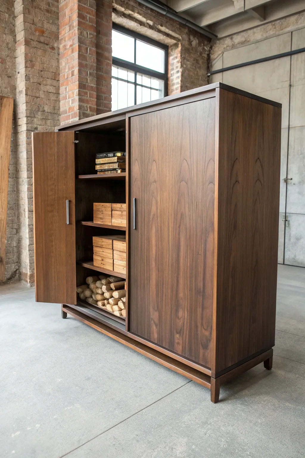 Maximize your space with sleek custom built-in cabinets for organized wood storage.