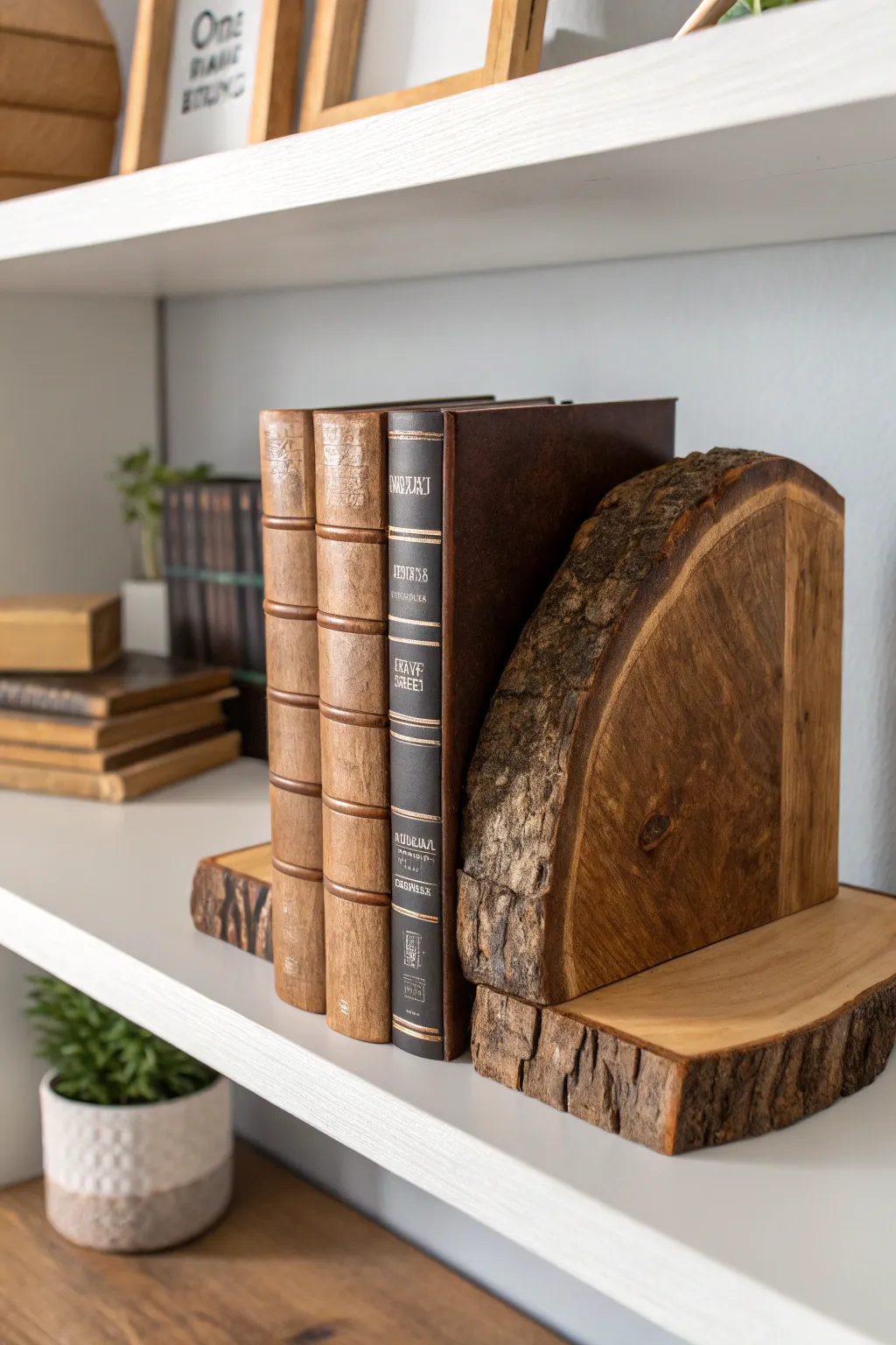 Add a touch of nature and whimsy to your book collection with these charming wood slab bookends.