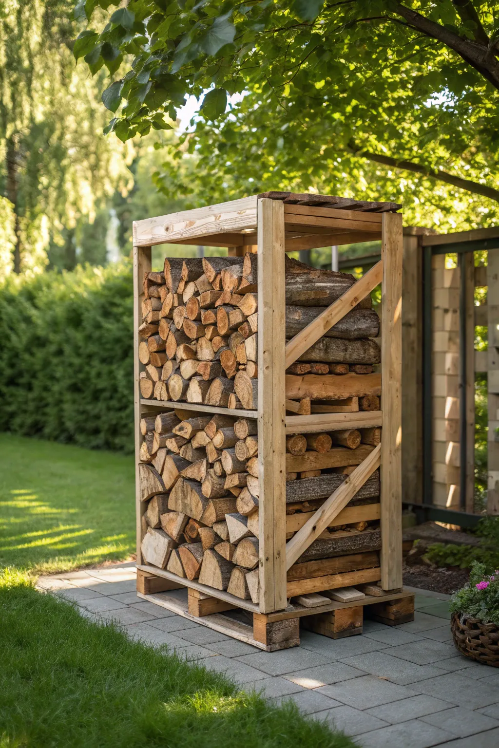 Elevate your backyard with a rustic wooden pallet firewood rack—where practicality meets style.