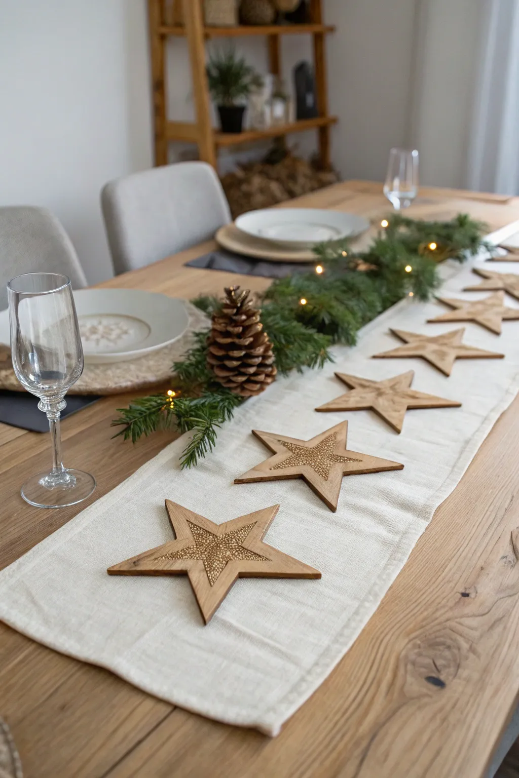 Elevate your dining experience with a handcrafted wooden star table runner – where minimalist elegance meets festive charm.
