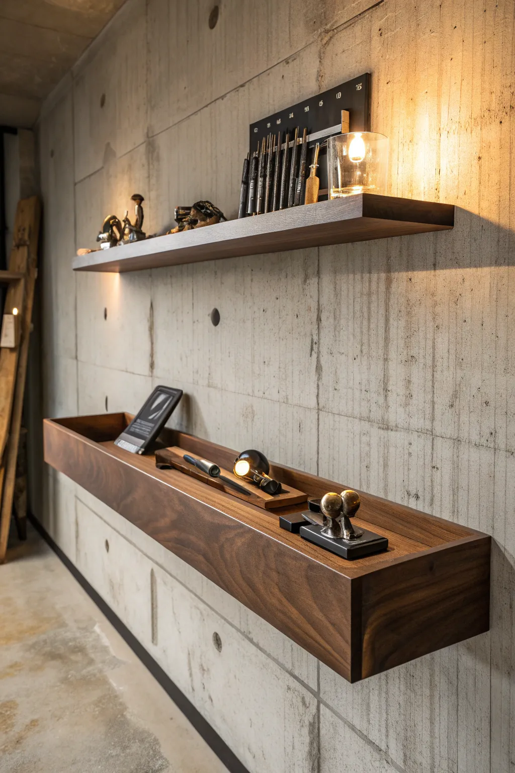 Elevate your workshop game with elegant floating shelves that turn tools into art.