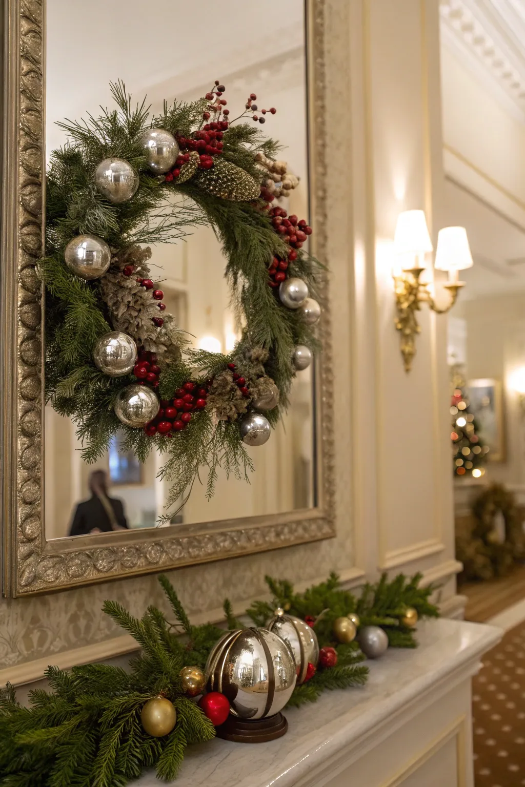 Silver bells add a festive, traditional feel to a mirror wreath.