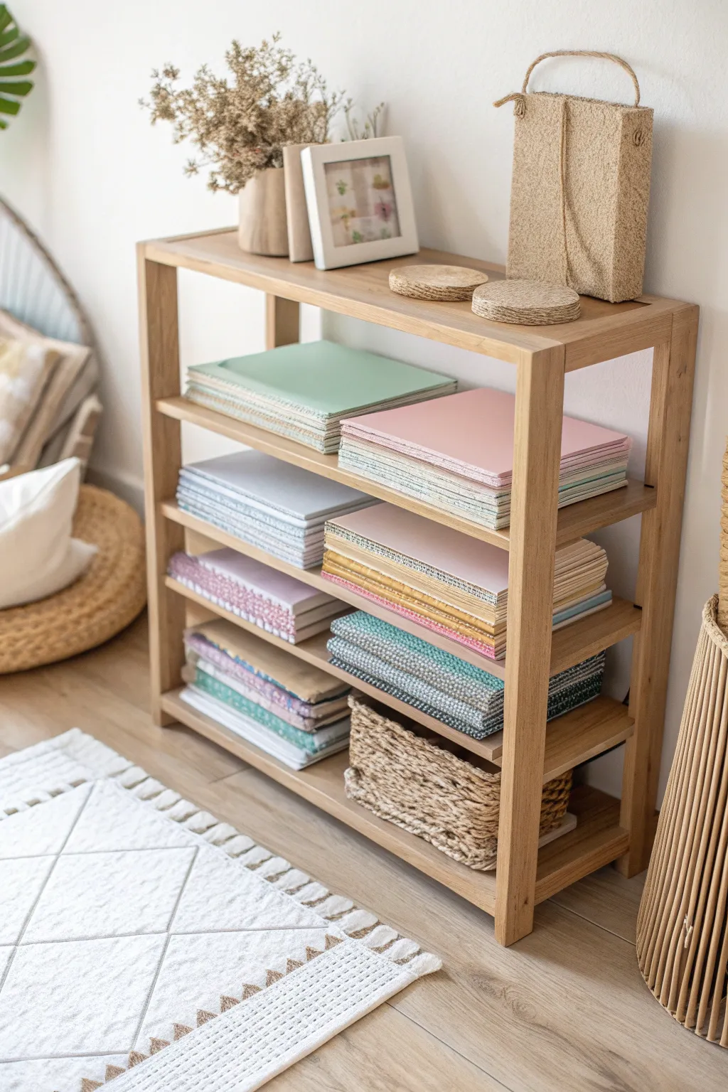 Elevate your scrapbook organization with elegant horizontal shelving—where simplicity meets style.