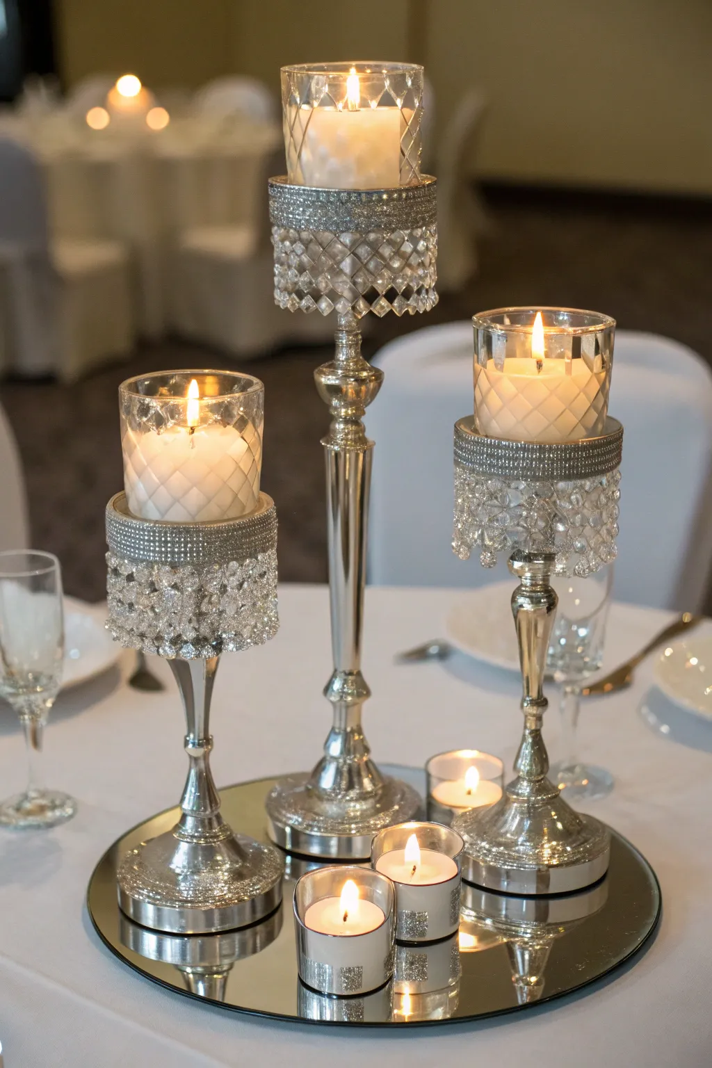 A shimmering silver and crystal centerpiece that enhances the anniversary atmosphere.