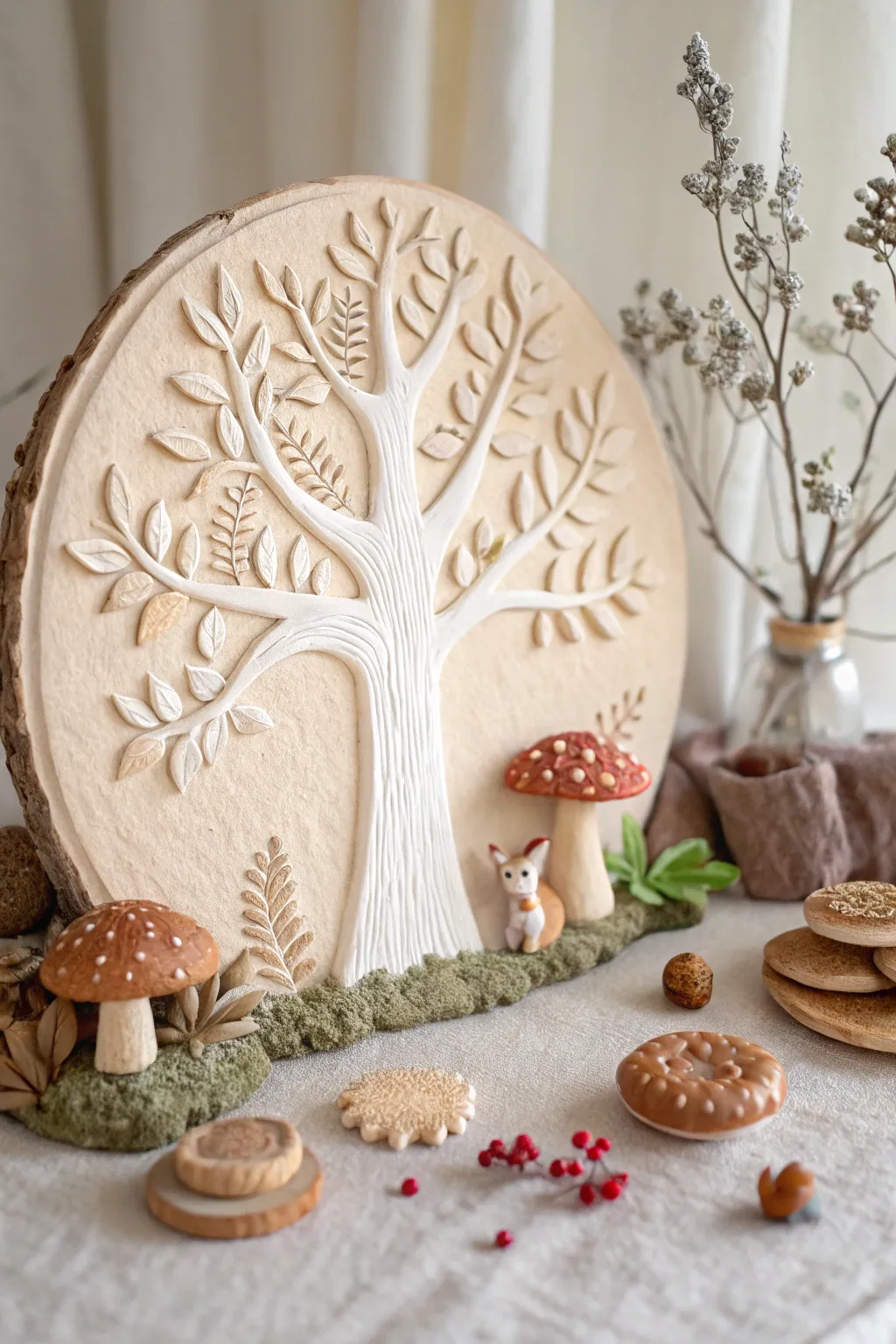 Step into a whimsical world with this enchanting 3D clay mural, where simplicity meets magic in a Scandinavian-inspired forest scene.