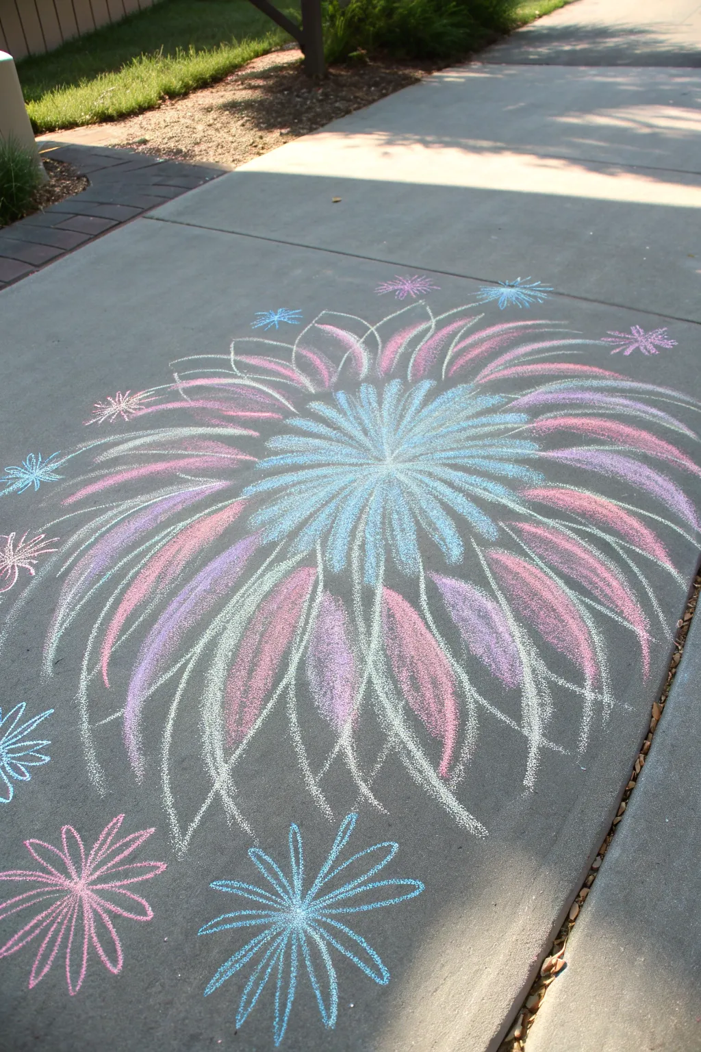 Capturing the magic of fireworks in chalk art: simplicity meets vibrancy.