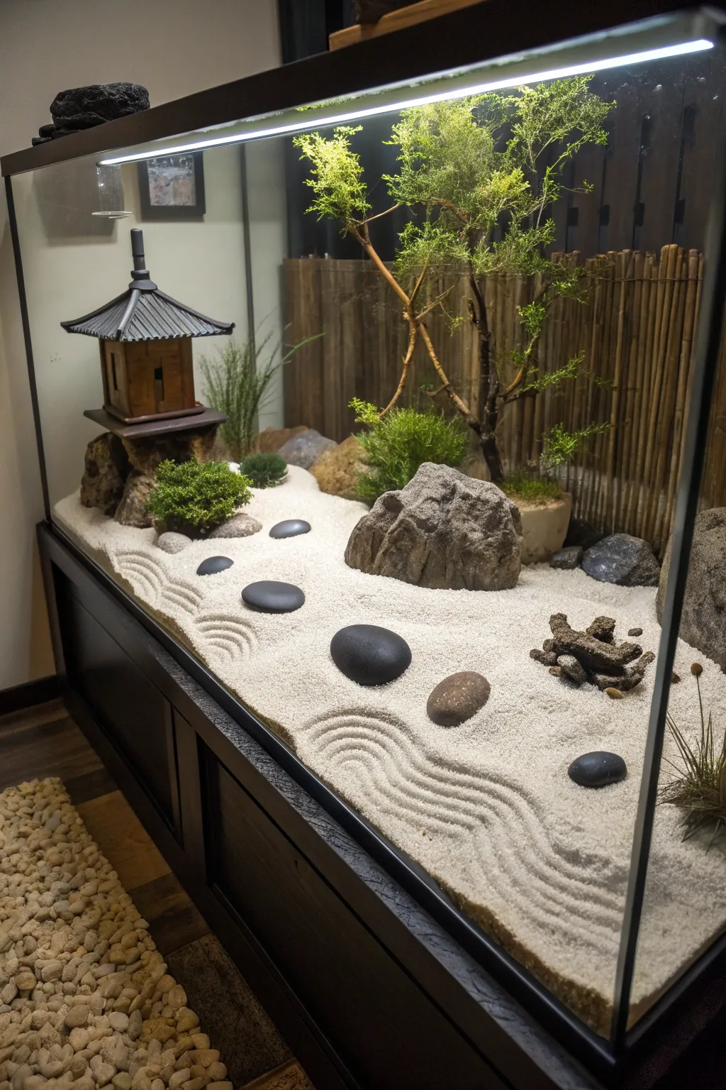 Transform your living room into a sanctuary with this Zen garden tank setup—a true masterpiece of tranquility and craftsmanship.