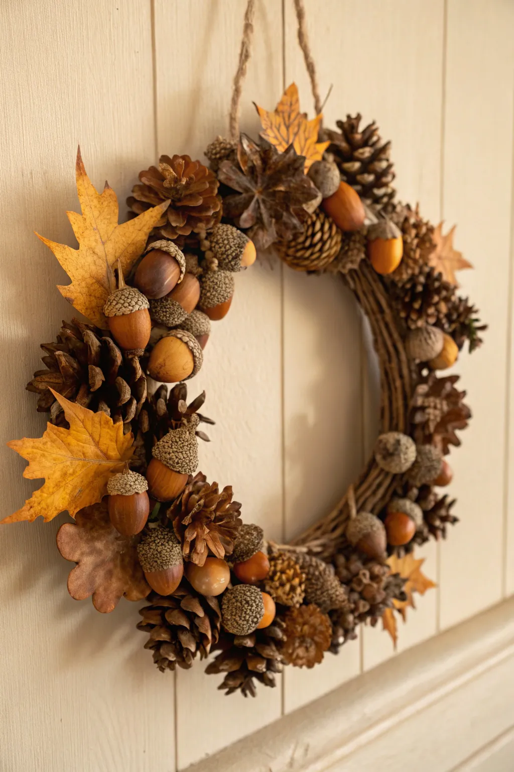 Embrace autumn's rustic beauty with this handcrafted acorn wreath, perfect for adding a touch of nature-inspired elegance to your home.