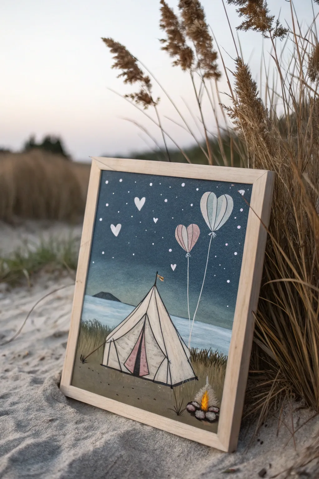 Capture the magic of a starry night with this whimsical camping scene, perfect for dreamers and adventurers.