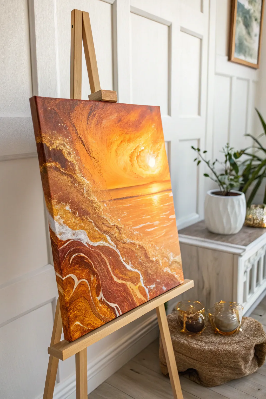 Embrace the warmth of a golden sunset with this stunning acrylic pour masterpiece, where simplicity meets the beauty of nature.