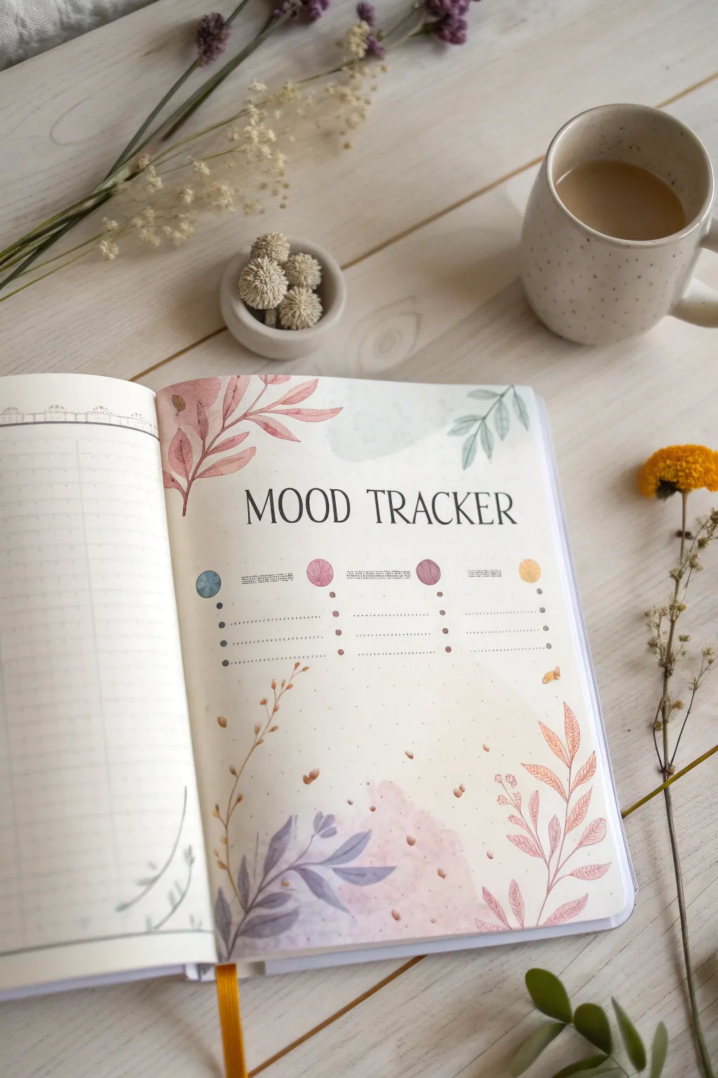 Capture your emotional journey with a serene and artistic mood tracker. 🌿✨ #BulletJournal #ScandiBoho #MoodTracker