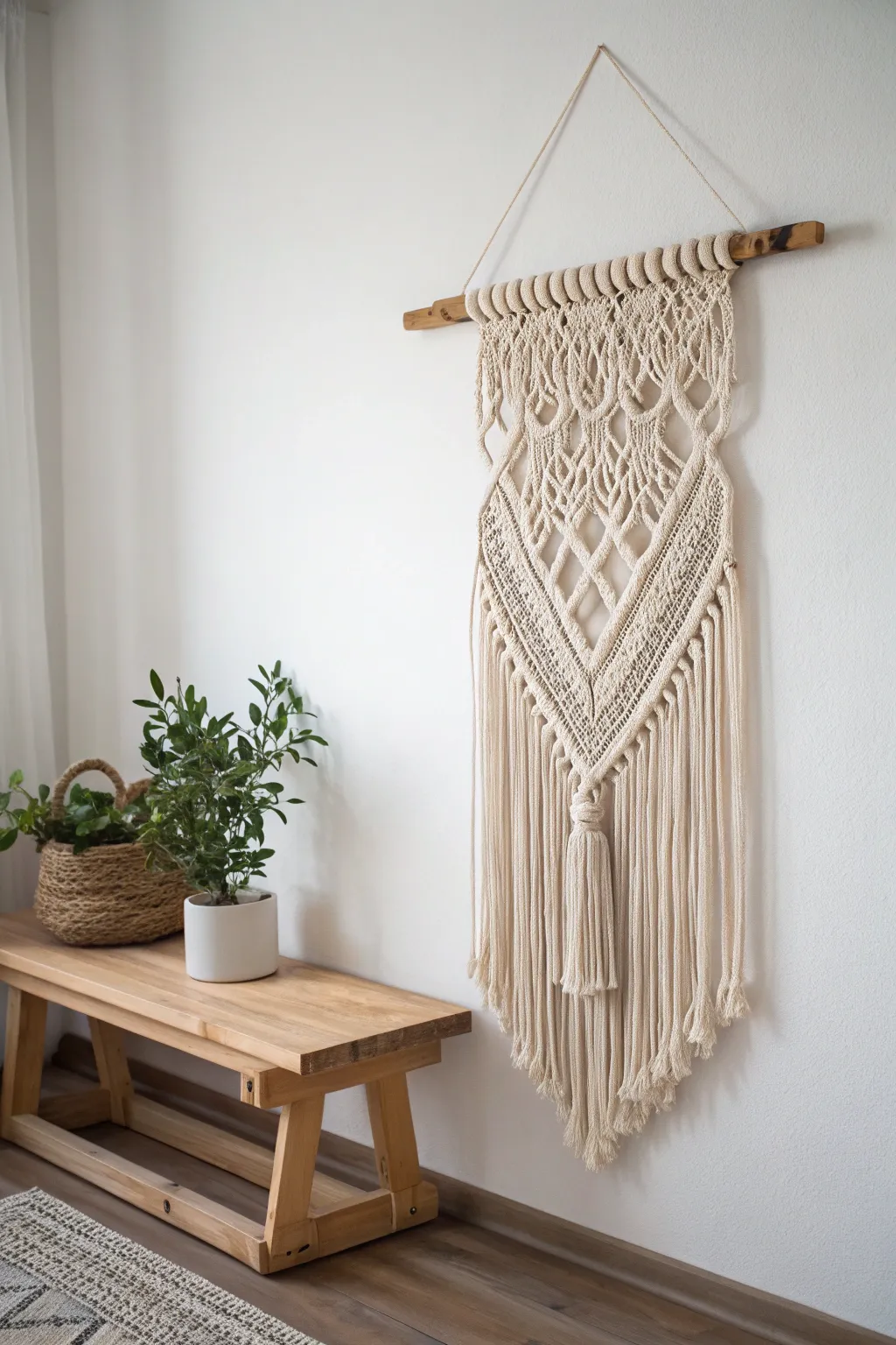 Add a touch of bohemian charm and warmth to your space with this elegant macramé wall hanging.
