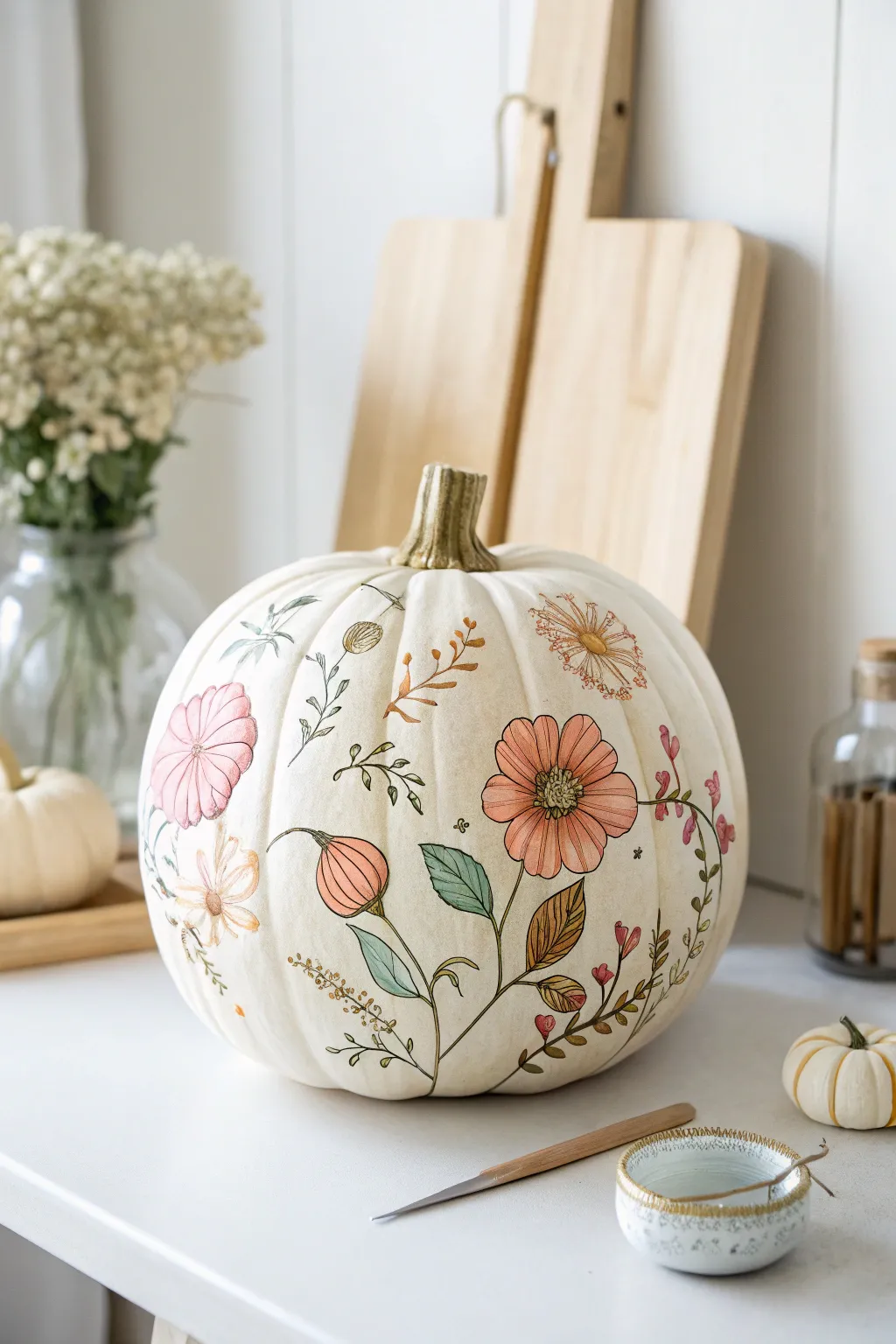 Embrace the art of simplicity with these botanical pumpkin beauties, perfect for a Boho-inspired fall touch.
