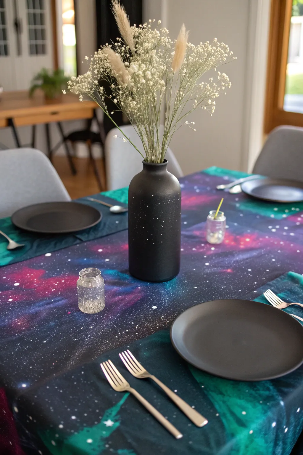 Journey to another world with this extraterrestrial table setup, where minimalist elegance meets cosmic charm.