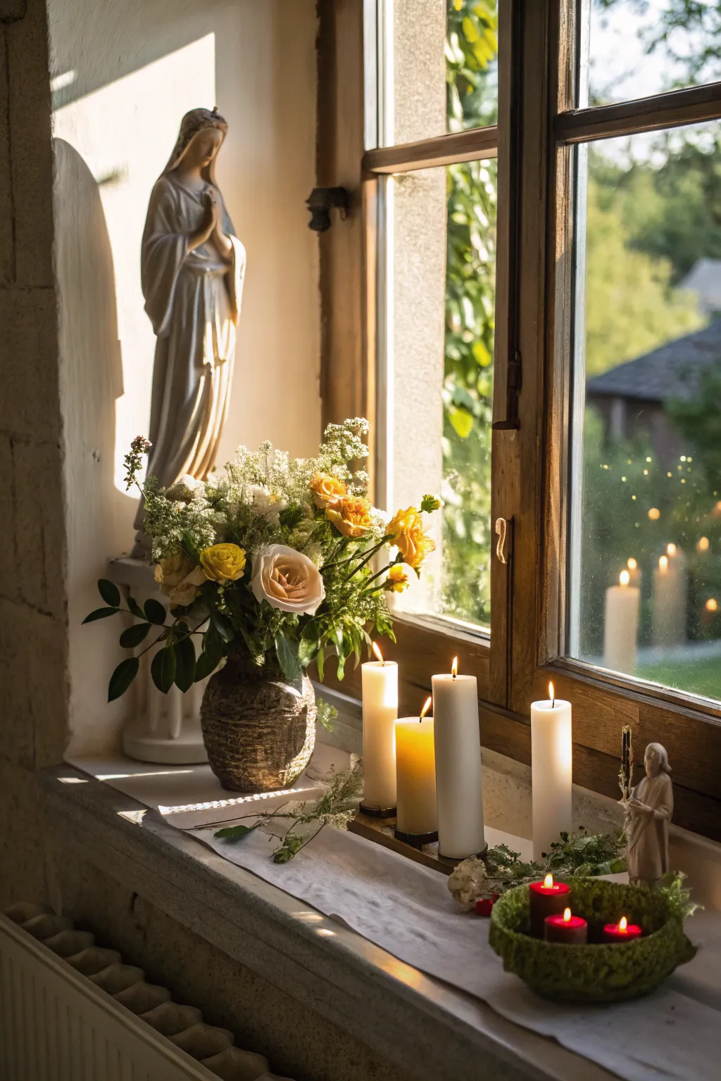 A windowsill altar beautifully combines natural light with spiritual elements.