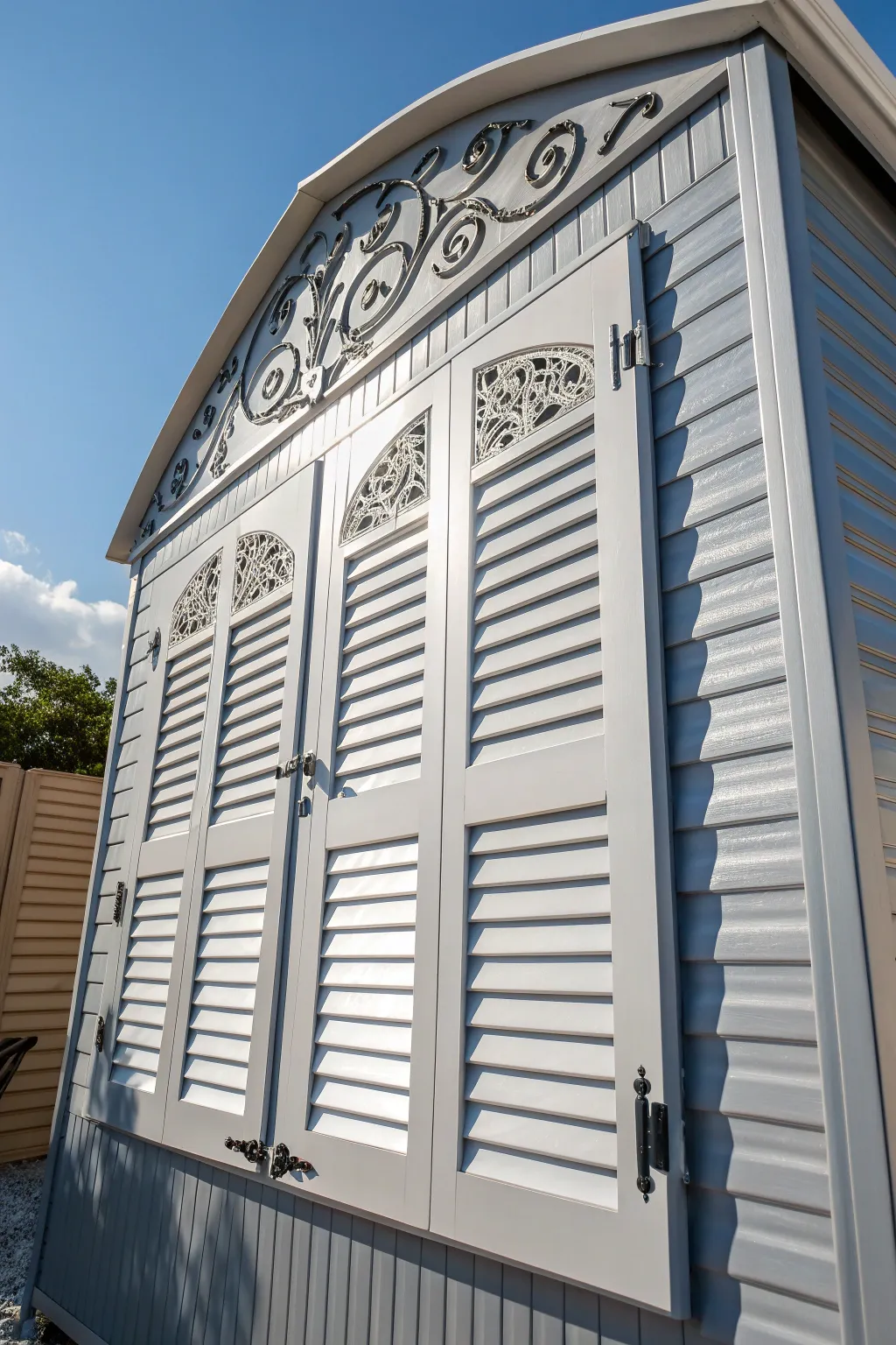 Elevate your shed with chic shutters that blend craftsmanship with cottage charm.