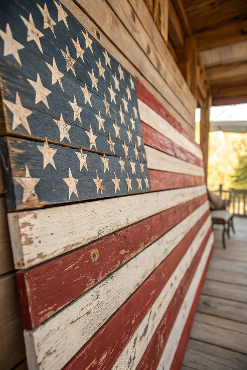 Capture the essence of rustic charm with this distressed American flag artwork, perfect for adding vintage allure to any space.