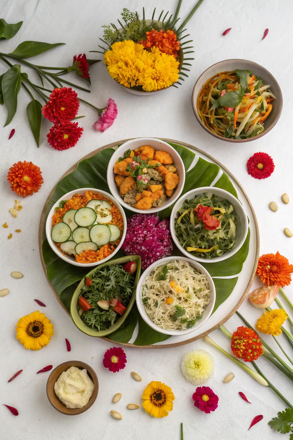 Symmetrical arrangement of dishes and flowers for an elegant Annakut display.