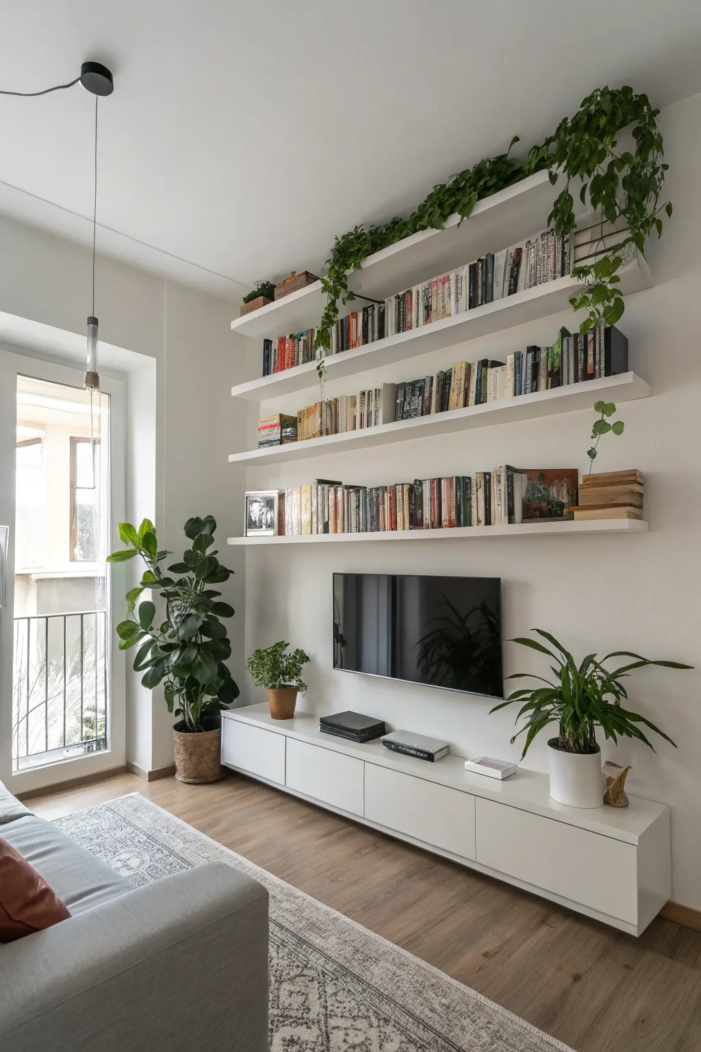 Floating shelves add elegance and keep the floor space open in a minimalist living room.